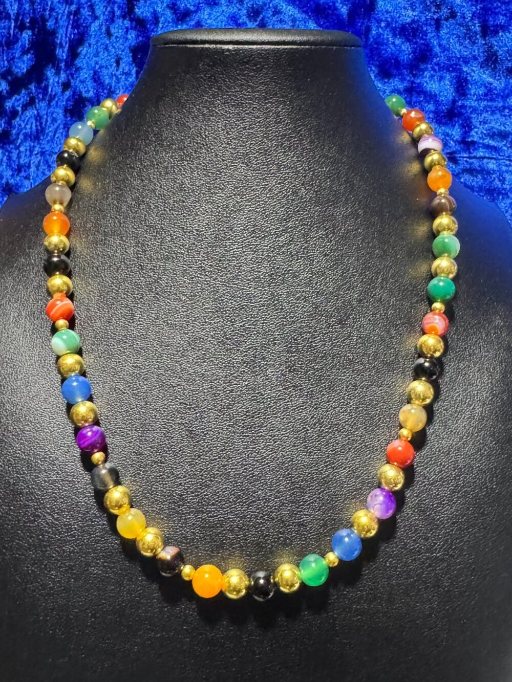 Multi-Colored Agate Natural Gemstone Beaded Necklace Golden Plated Beads 19.5" +